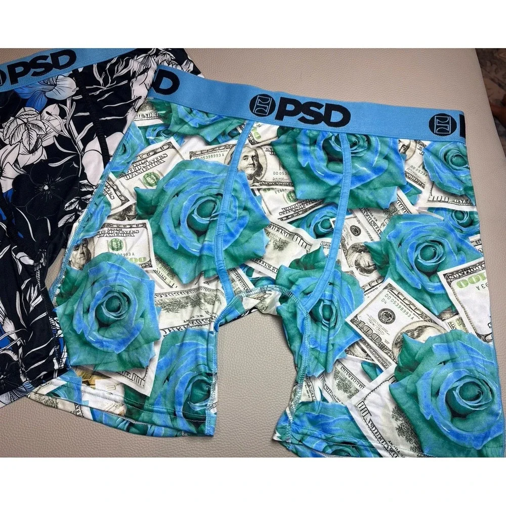 Mens PSD XL Boxer Briefs Underwear 2-Pack Blue/Black Roses Money Print NWOT